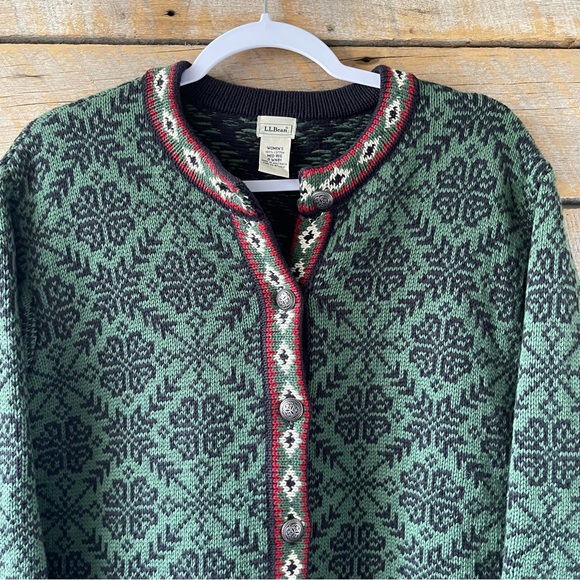 LL Bean Womens Vintage Fair Isle Cotton Nordic Cardigan Sweater Size Medium - Picture 2 of 14